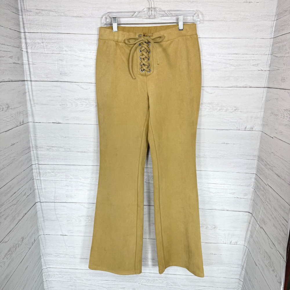 Y2K Forever 21 Lace Up Flare Pants Mustard Faux Suede Festival Boho Large indie - Picture 3 of 13